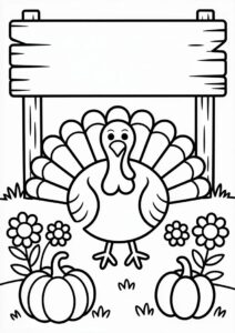 Adorable Turkey With Wooden Sign. Flowers And Pumpkins Coloring Page For Kids 2