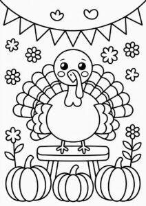 Adorable Turkey With Wooden Sign. Flowers And Pumpkins Coloring Page For Kids 3