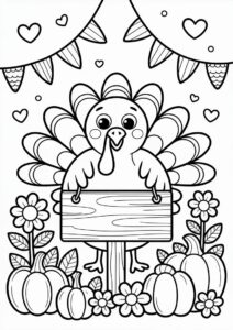 Adorable Turkey With Wooden Sign. Flowers And Pumpkins Coloring Page For Kids 4