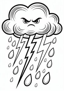 Angry Cloud With Rain Coloring Page And Lightning For Kids 1