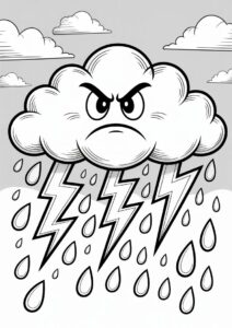 Angry Cloud With Rain Coloring Page And Lightning For Kids 3