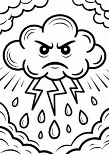 Angry Cloud With Rain Coloring Page And Lightning For Kids 4