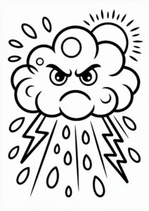 Angry Cloud With Rain Coloring Page And Lightning For Kids 5