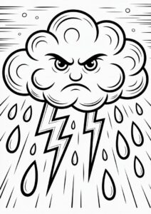 Angry Cloud With Rain Coloring Page And Lightning For Kids 7