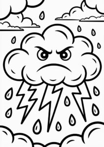 Angry Cloud With Rain Coloring Page And Lightning For Kids 8