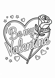 Be My Valentine Words With Love Heart Holding A Rose Coloring Page 1