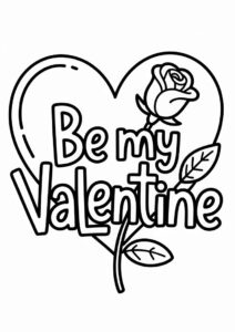 Be My Valentine Words With Love Heart Holding A Rose Coloring Page 4