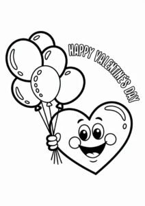 Cartoon Love Heart Holding Balloons Valentines Day Coloring Sheet 1