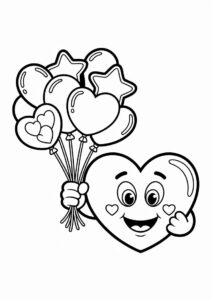 Cartoon Love Heart Holding Balloons Valentines Day Coloring Sheet 2