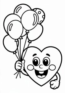 Cartoon Love Heart Holding Balloons Valentines Day Coloring Sheet 3