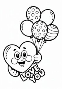 Cartoon Love Heart Holding Balloons Valentines Day Coloring Sheet 4