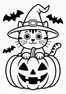 Cat Pumpkin Coloring Page Wearing A Witch Hat 1