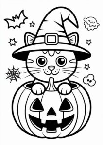 Cat Pumpkin Coloring Page Wearing A Witch Hat 2
