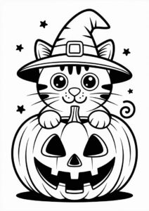 Cat Pumpkin Coloring Page Wearing A Witch Hat 3
