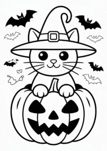 Cat Pumpkin Coloring Page Wearing A Witch Hat 4
