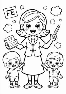 Cheerful Teacher Coloring Pages With Two Preschoolers 1