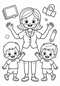 Cheerful Teacher Coloring Pages With Two Preschoolers 4