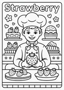 Chef Strawberry Coloring Page In Front Of Pastries 2