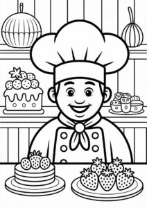 Chef Strawberry Coloring Page In Front Of Pastries 3