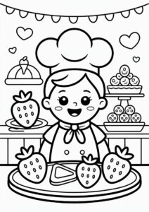 Chef Strawberry Coloring Page In Front Of Pastries 4