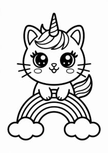 Chibi Unicorn Cat Coloring Page Standing On A Rainbow For Kids 1