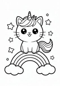 Chibi Unicorn Cat Coloring Page Standing On A Rainbow For Kids 2