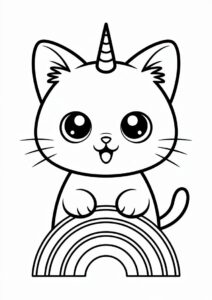 Chibi Unicorn Cat Coloring Page Standing On A Rainbow For Kids 3