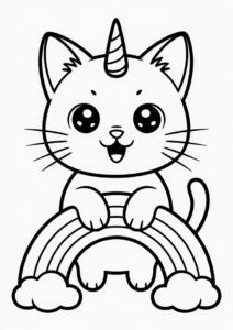 Chibi Unicorn Cat Coloring Page Standing On A Rainbow For Kids 4