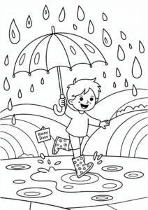 Child Playing In The Rain Coloring Page 2