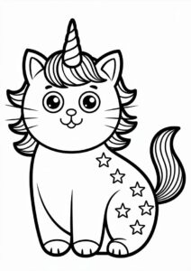 Chunky Unicorn Cat Coloring Page With Wings And Starry Background 1