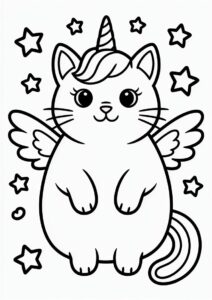 Chunky Unicorn Cat Coloring Page With Wings And Starry Background 2