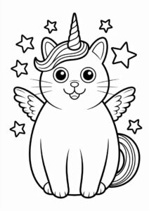 Chunky Unicorn Cat Coloring Page With Wings And Starry Background 3