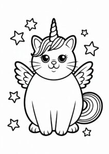 Chunky Unicorn Cat Coloring Page With Wings And Starry Background 4