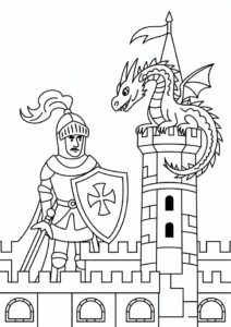 Coloring Page Of Knight With Dragon On Tower 1