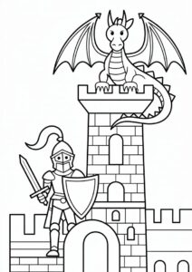 Coloring Page Of Knight With Dragon On Tower 2