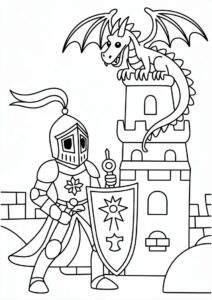 Coloring Page Of Knight With Dragon On Tower 3