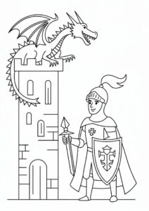 Coloring Page Of Knight With Dragon On Tower 4