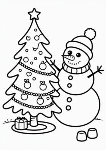 Coloring Page a Snowman Decorating Christmas Tree 1