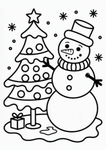 Coloring Page a Snowman Decorating Christmas Tree 4