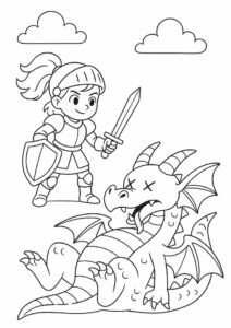 Coloring Sheet Of Girl Knight To Fight Dragon 1
