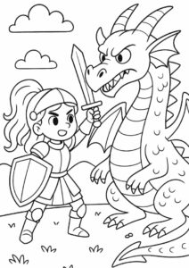 Coloring Sheet Of Girl Knight To Fight Dragon 2