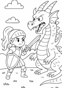Coloring Sheet Of Girl Knight To Fight Dragon 3