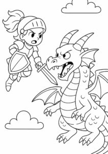 Coloring Sheet Of Girl Knight To Fight Dragon 4
