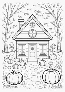 Cottagecore Pumpkin Coloring Page House In The Forest 1