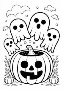 Cute Ghosts Coming Out Of A Pumpkin Coloring Page For Kids 1