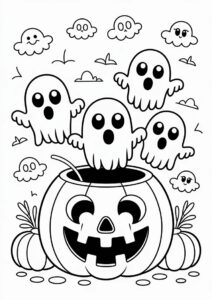 Cute Ghosts Coming Out Of A Pumpkin Coloring Page For Kids 2