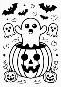 Cute Ghosts Coming Out Of A Pumpkin Coloring Page For Kids 4