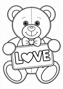 Cute Teddy Bear With Love Sign Valentines Day Coloring Page For Preschoolers 1