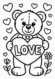 Cute Teddy Bear With Love Sign Valentines Day Coloring Page For Preschoolers 2