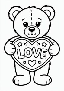 Cute Teddy Bear With Love Sign Valentines Day Coloring Page For Preschoolers 3
